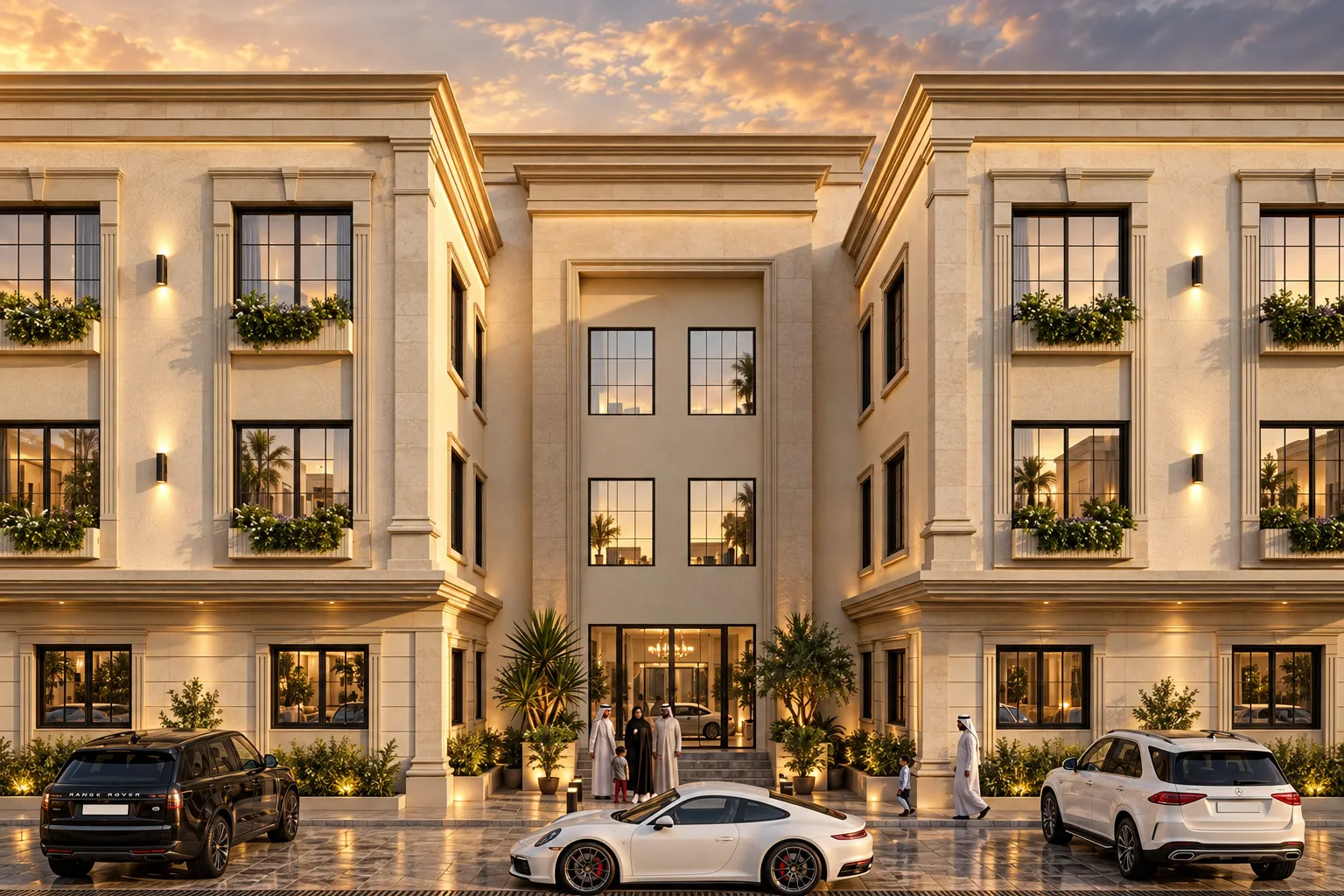 Luxury courtyard facade at golden hour