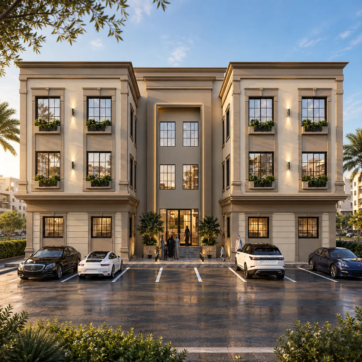 Luxury Mediterranean facade at golden hour