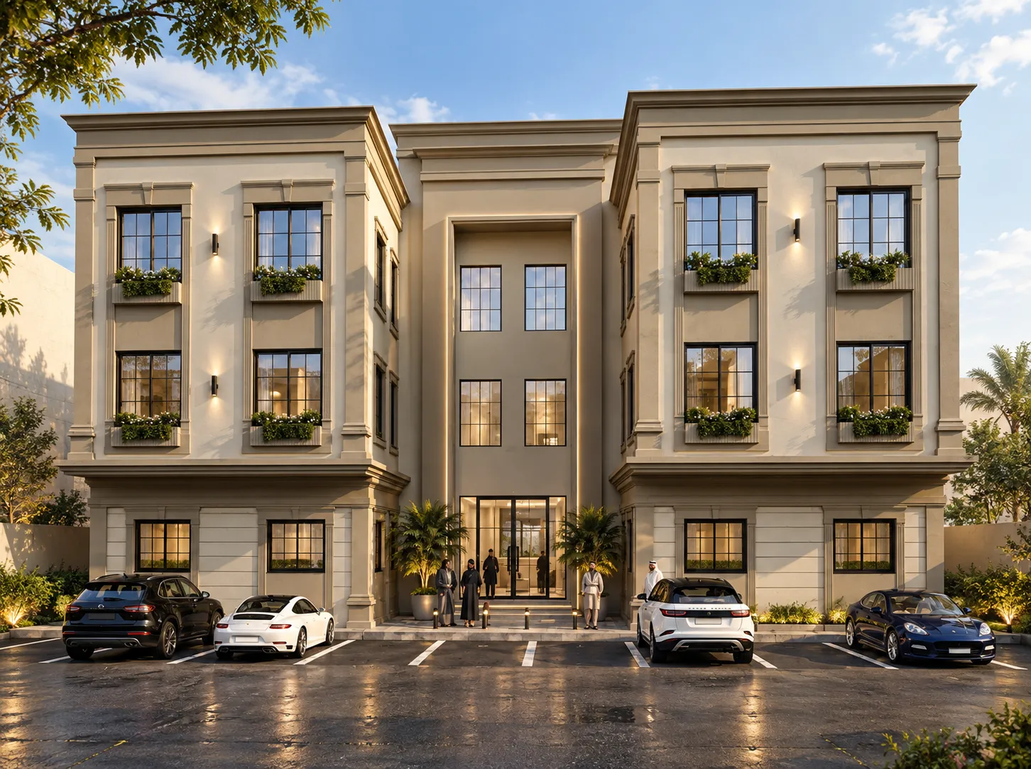 Symmetrical apartment facade at golden hour