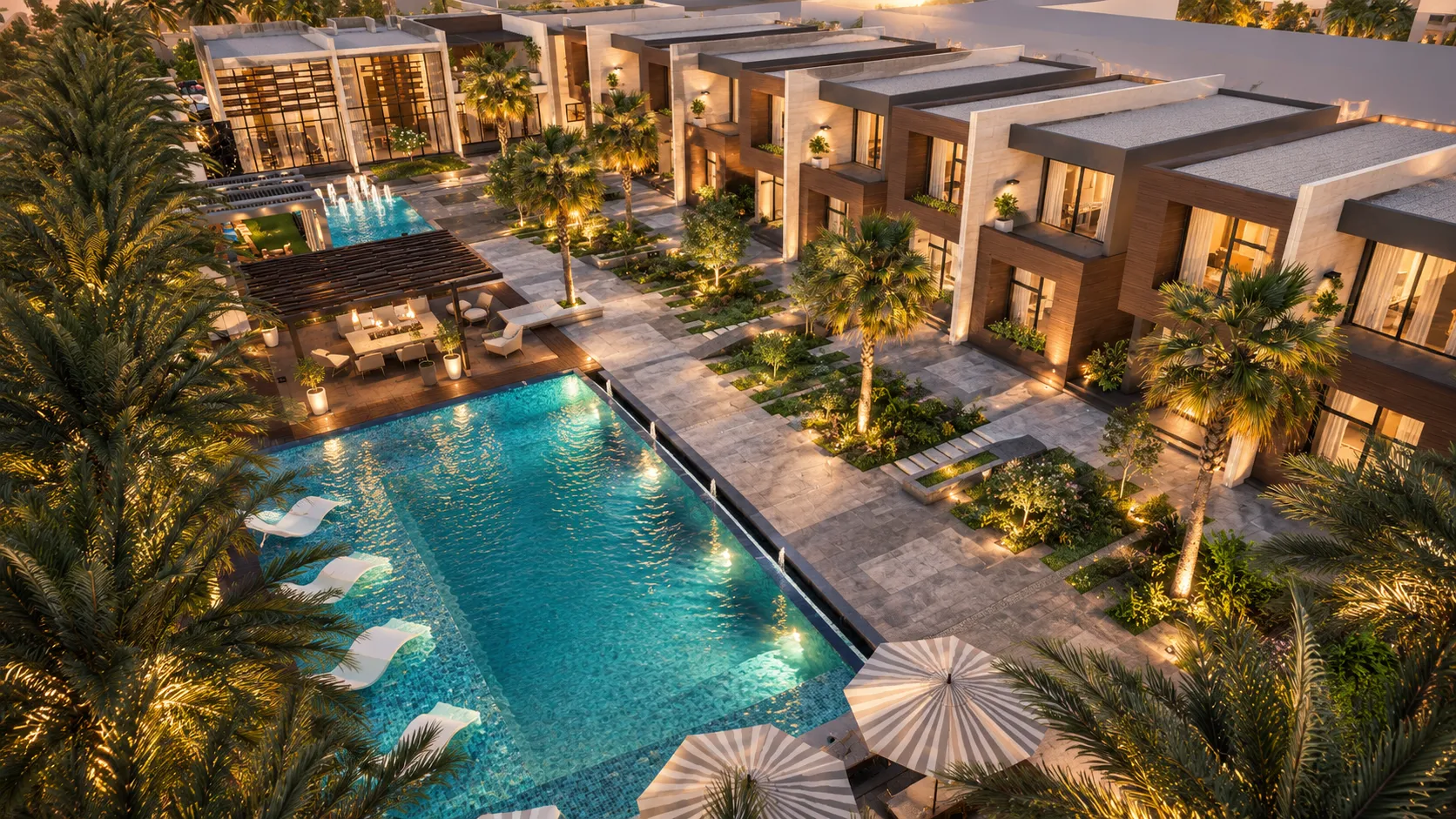 Poolside resort view at golden hour