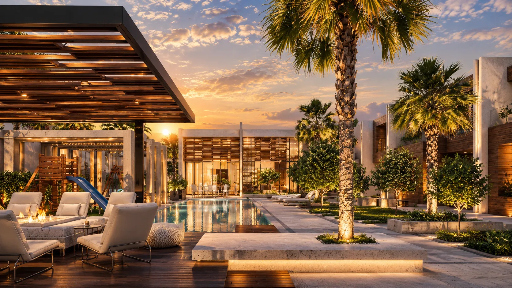 Resort courtyard at sunset