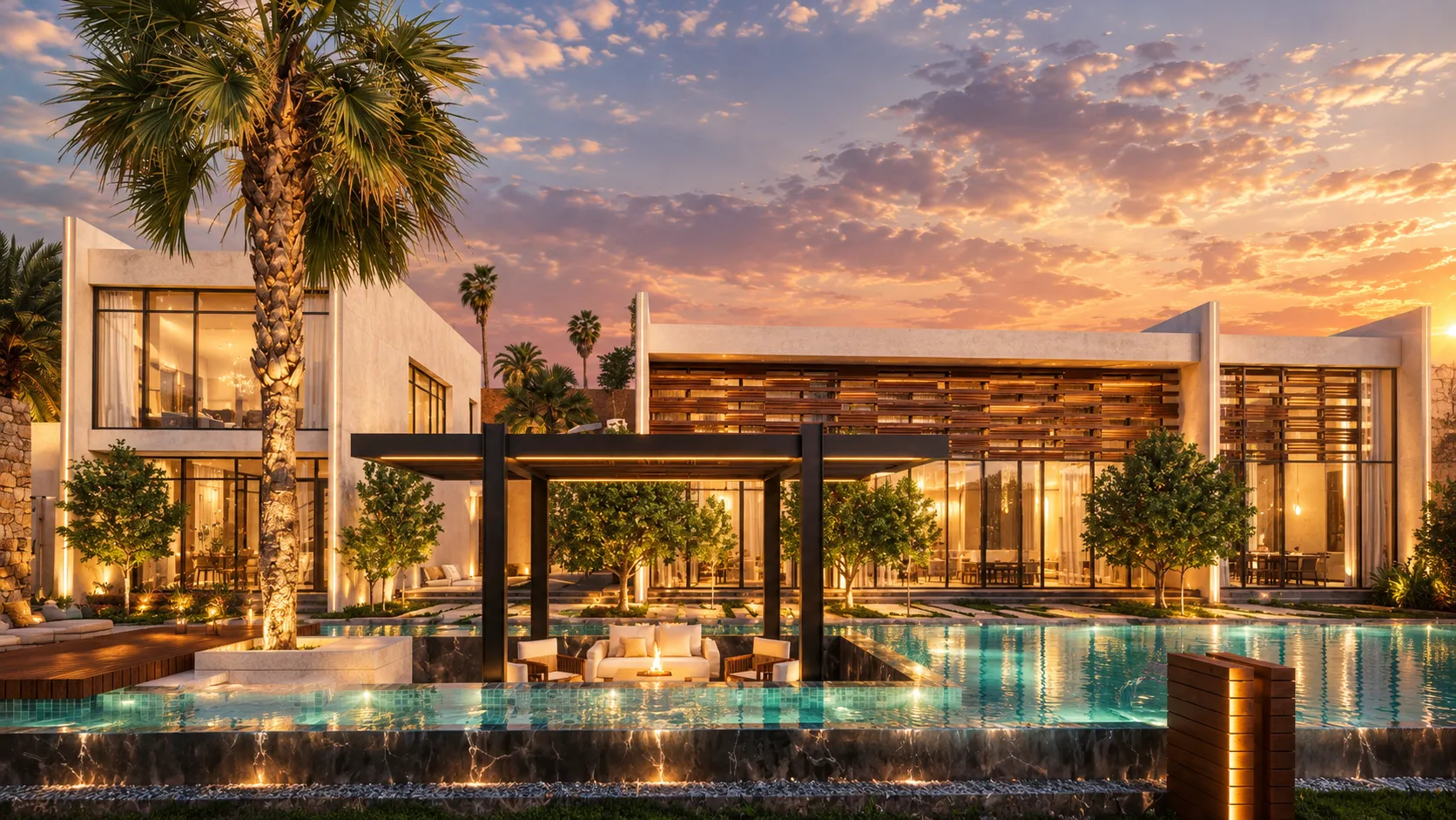 Villa reflected in the poolside at twilight