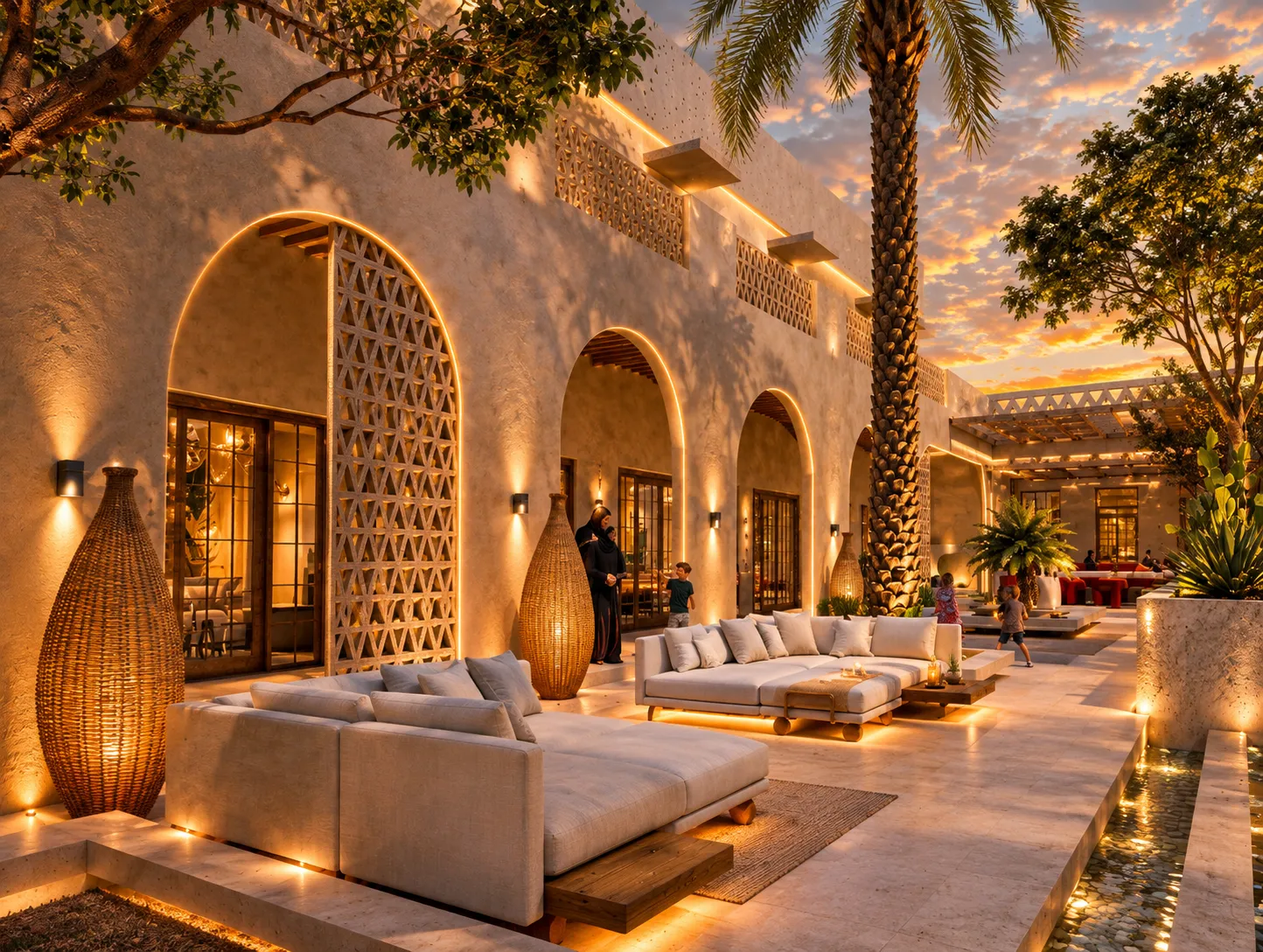 Courtyard lounge at golden hour