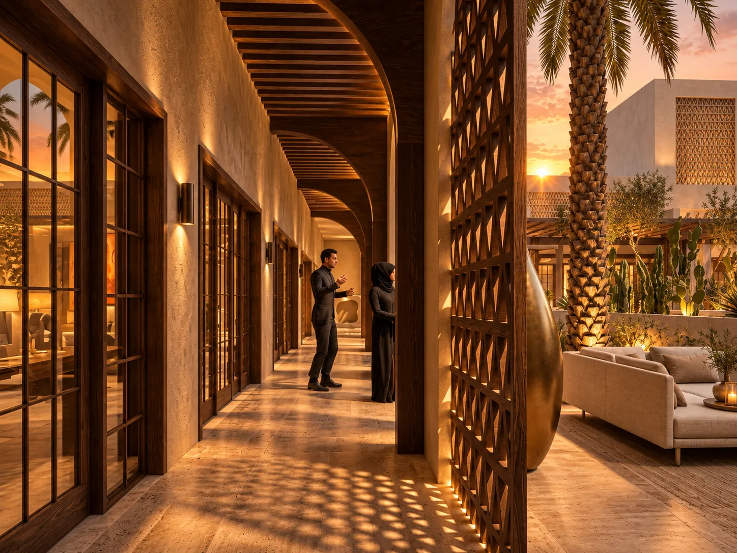 Courtyard conversation area at sunset