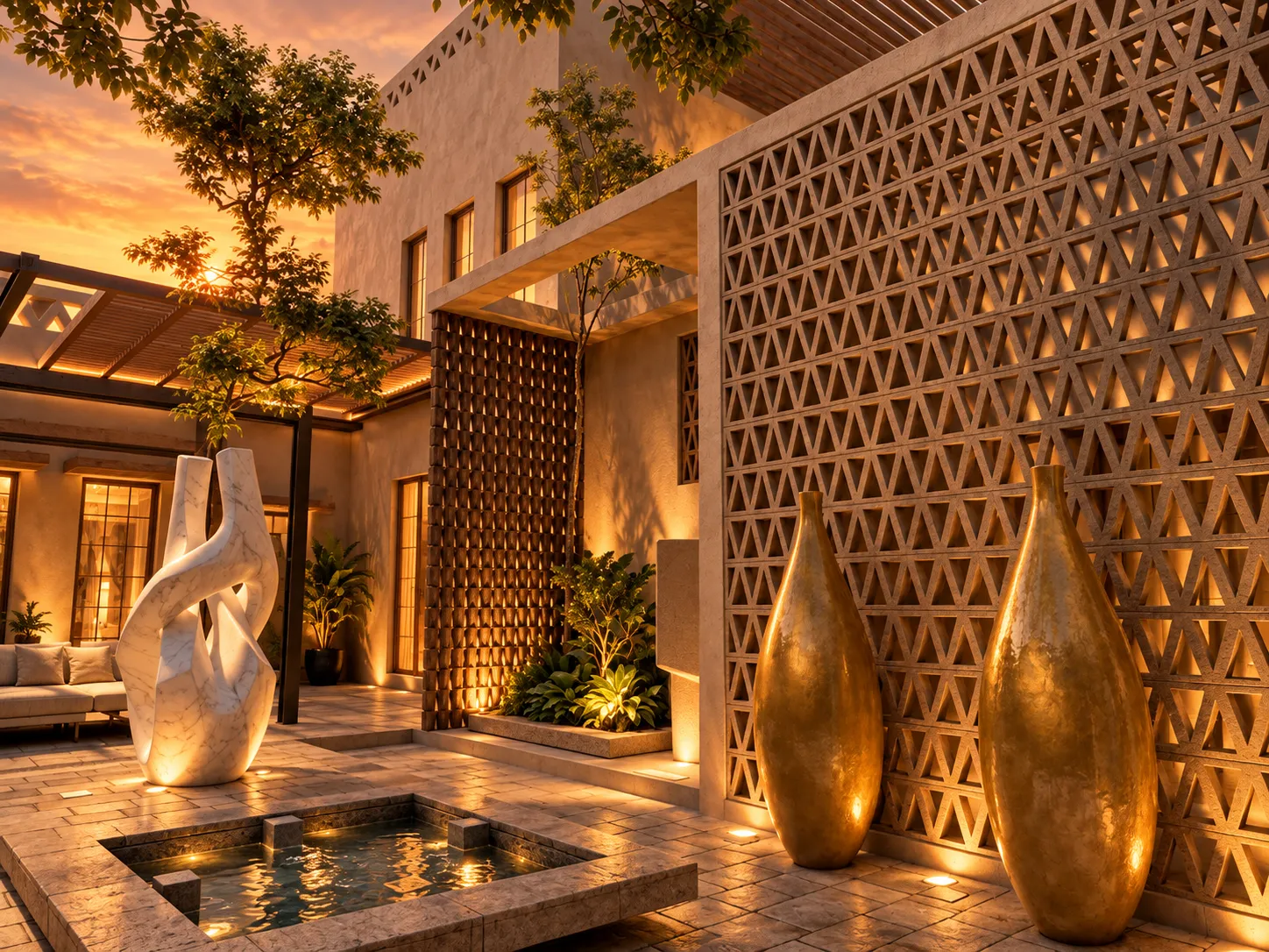 Courtyard retreat at sunset