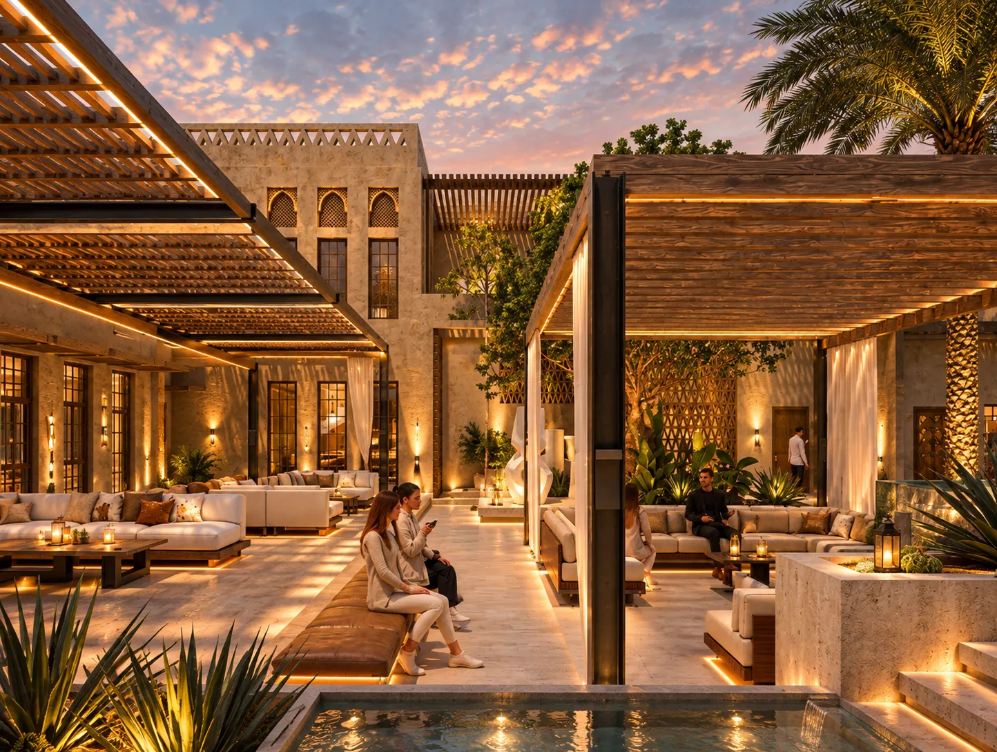 Courtyard retreat at golden twilight