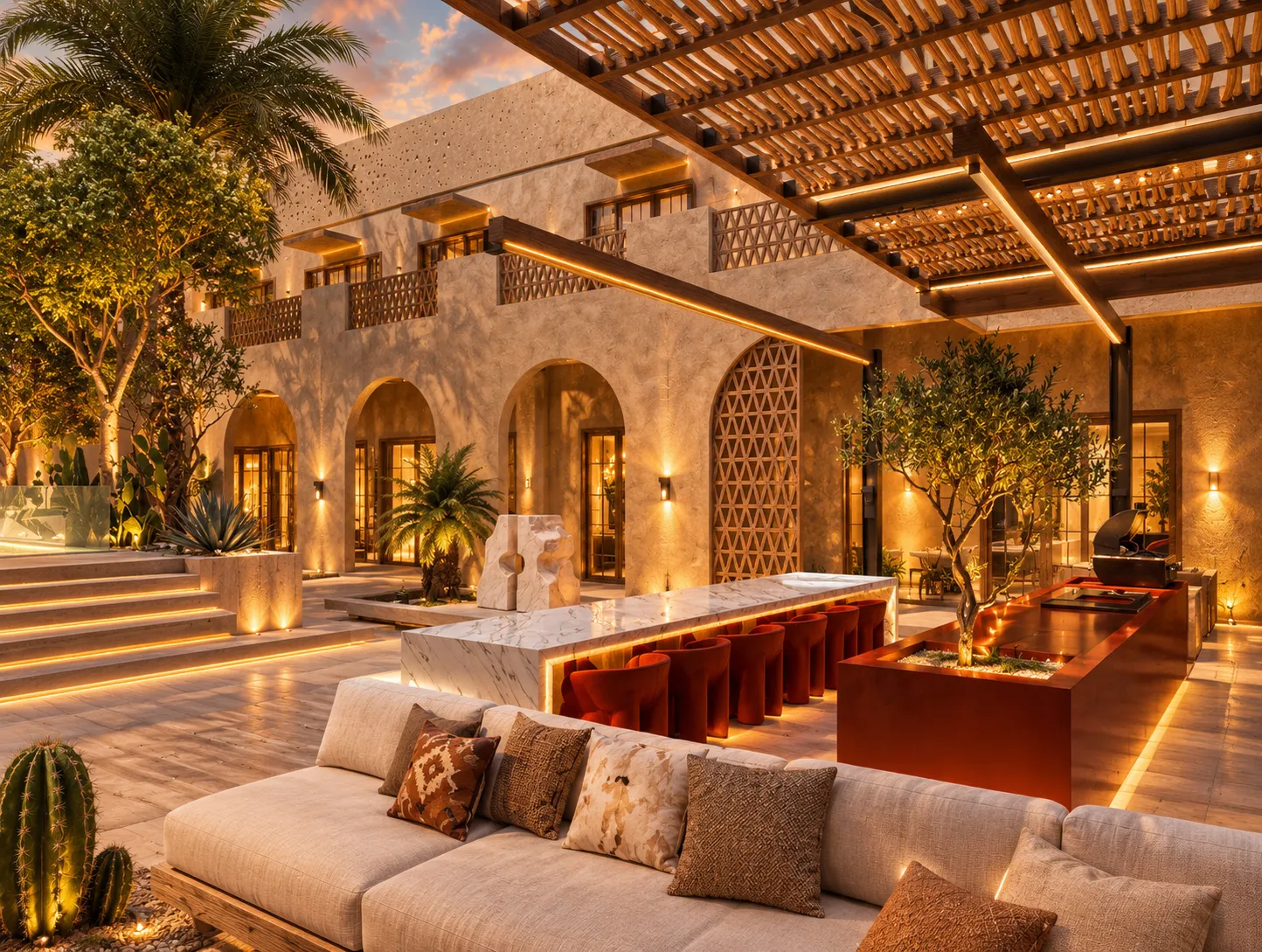 Desert courtyard lounge at golden hour