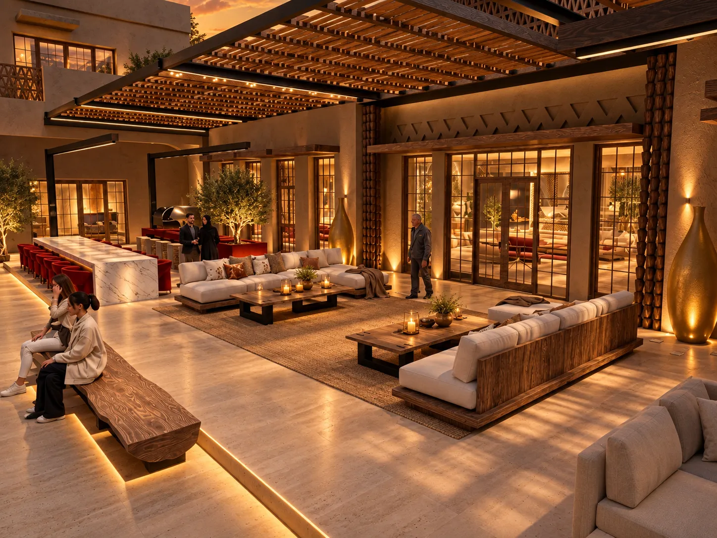 Desert-luxe courtyard lounge at golden hour