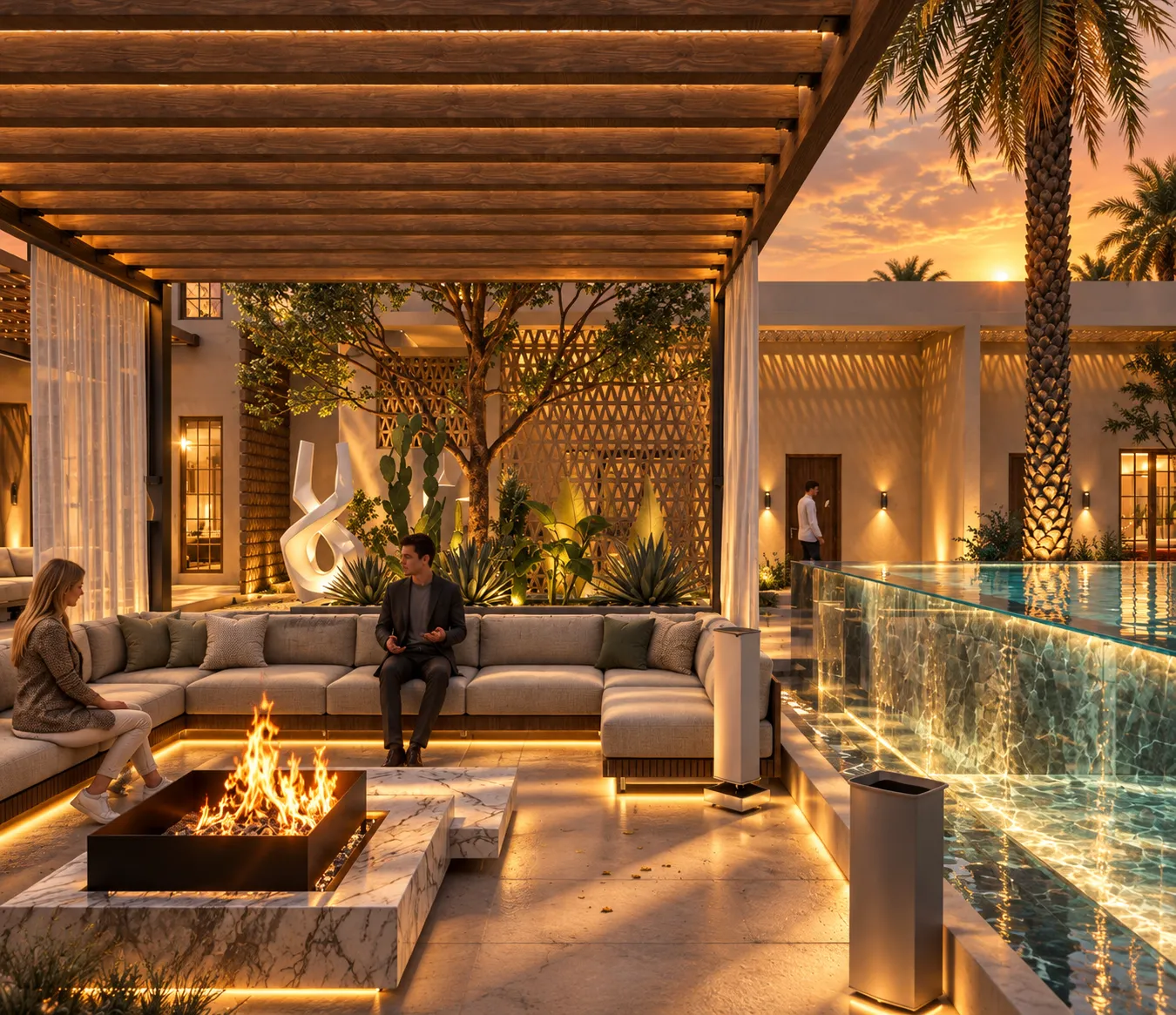 Pergola lounge by the pool at golden hour