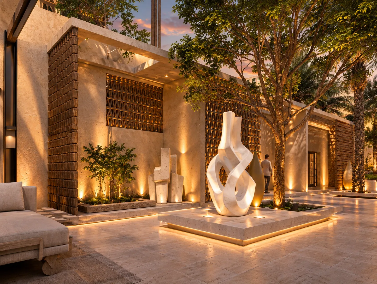 Courtyard with sculptural art at sunset