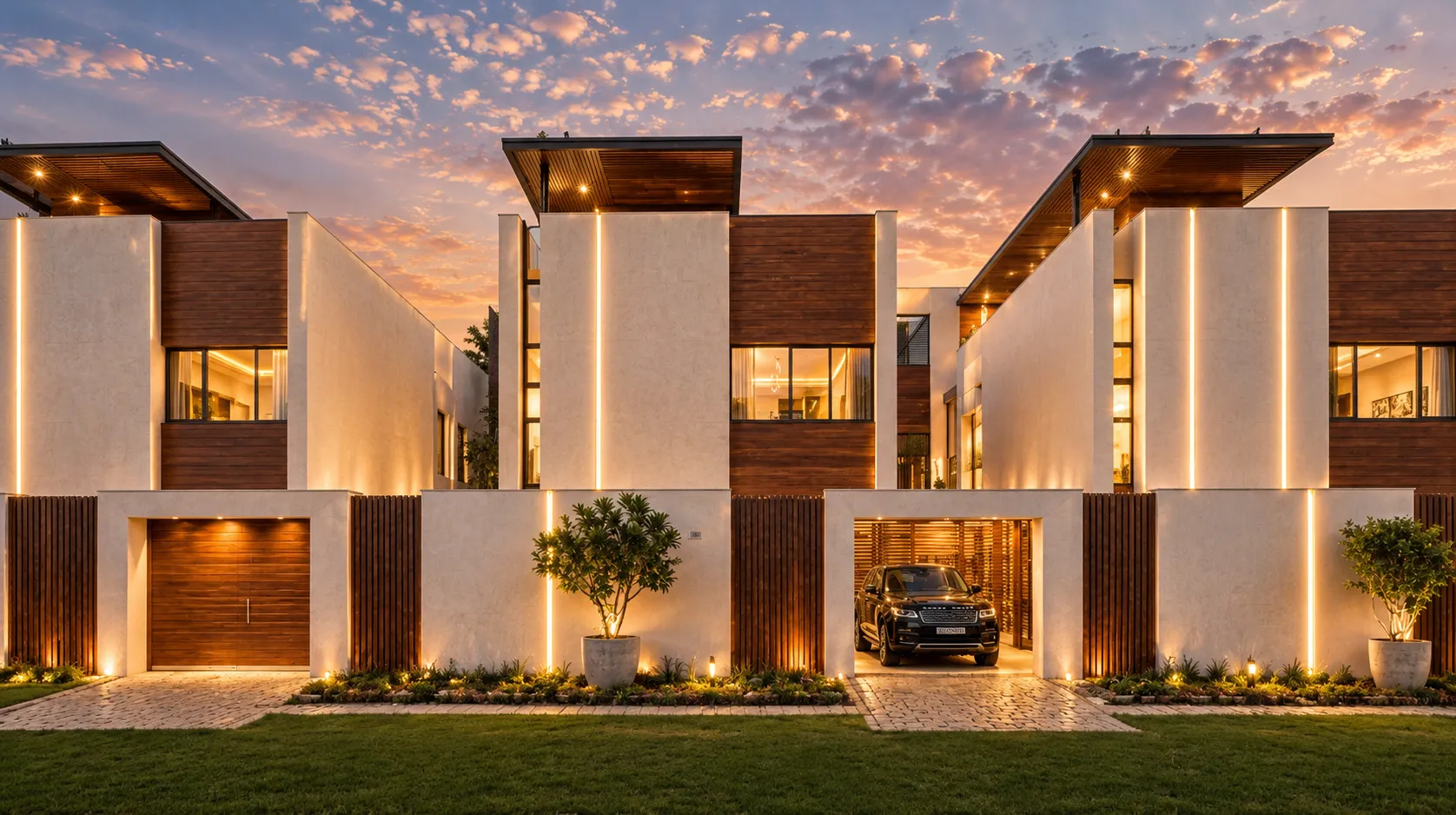 Compound villas at sunset