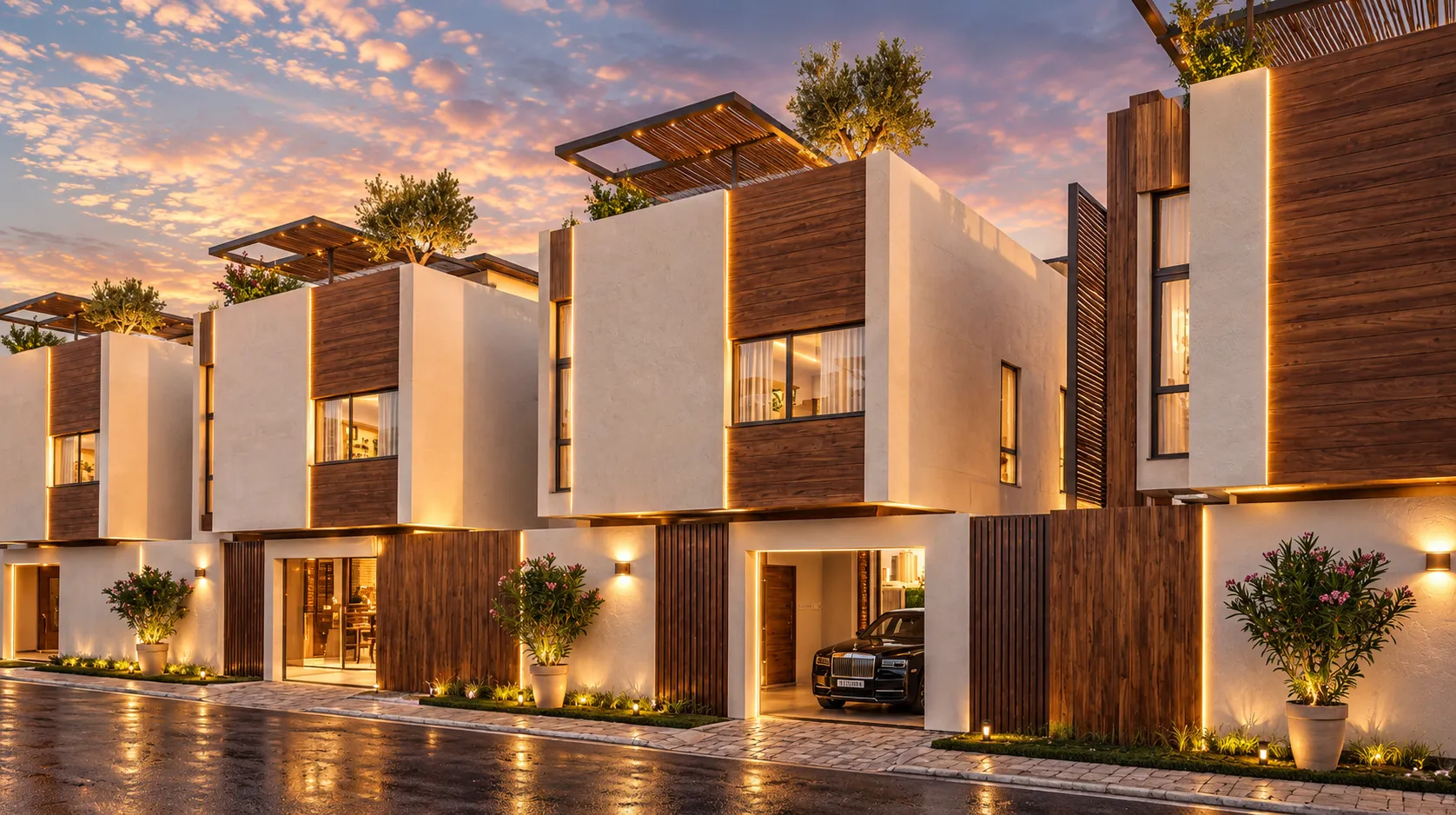 Modern villas at sunset