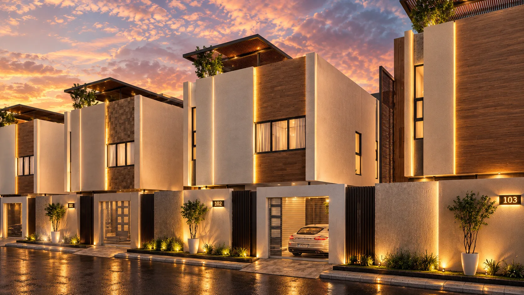 Townhouse row at sunset