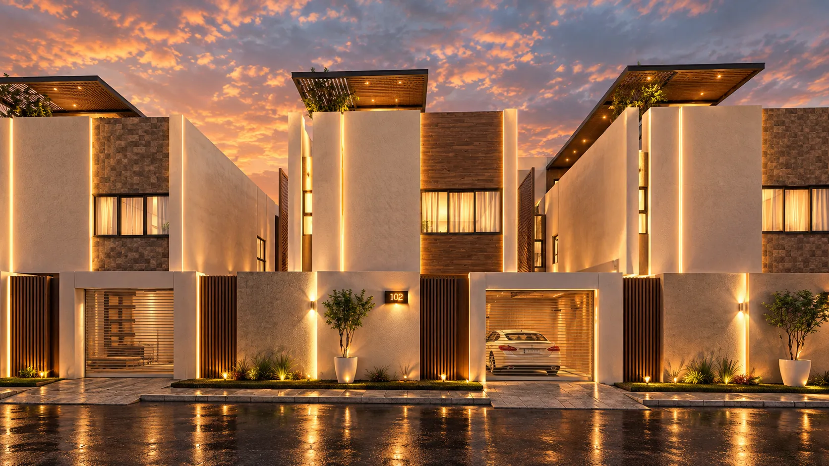 Townhouses at twilight — Unit 102