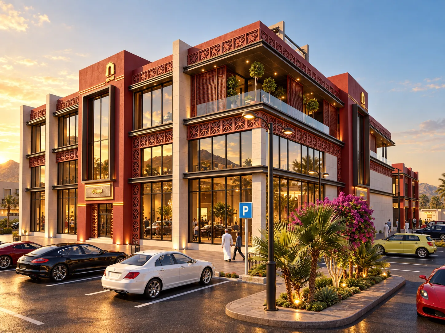 Luxury terracotta commercial plaza at golden hour