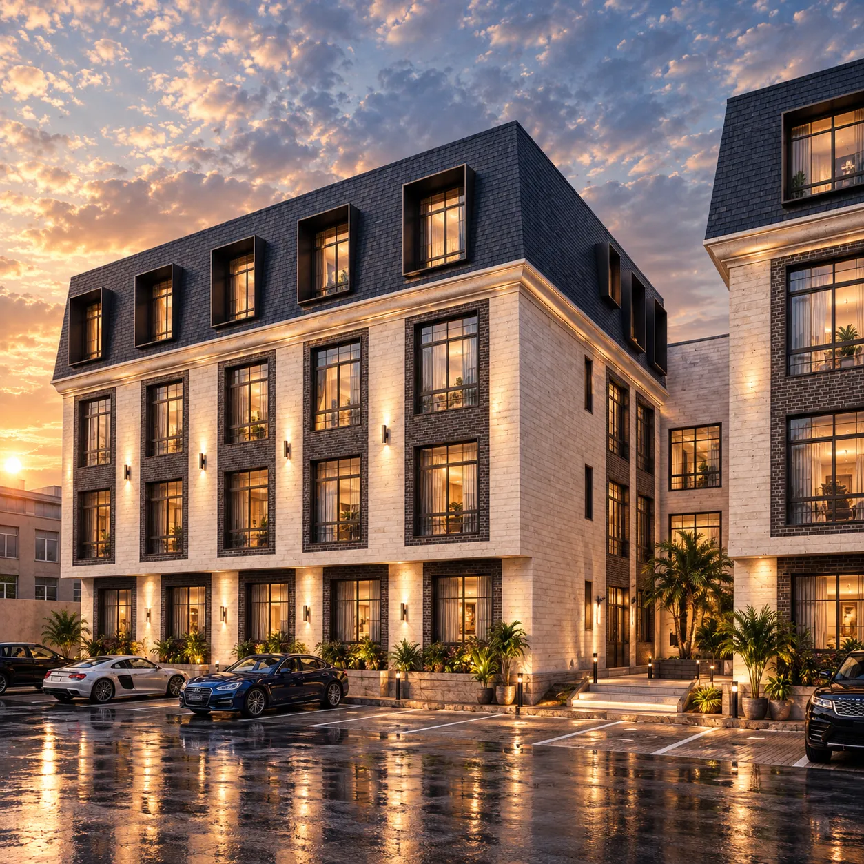 Townhouse courtyard at dusk
