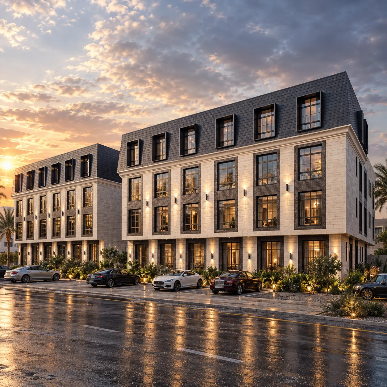 Modern townhouses at golden hour