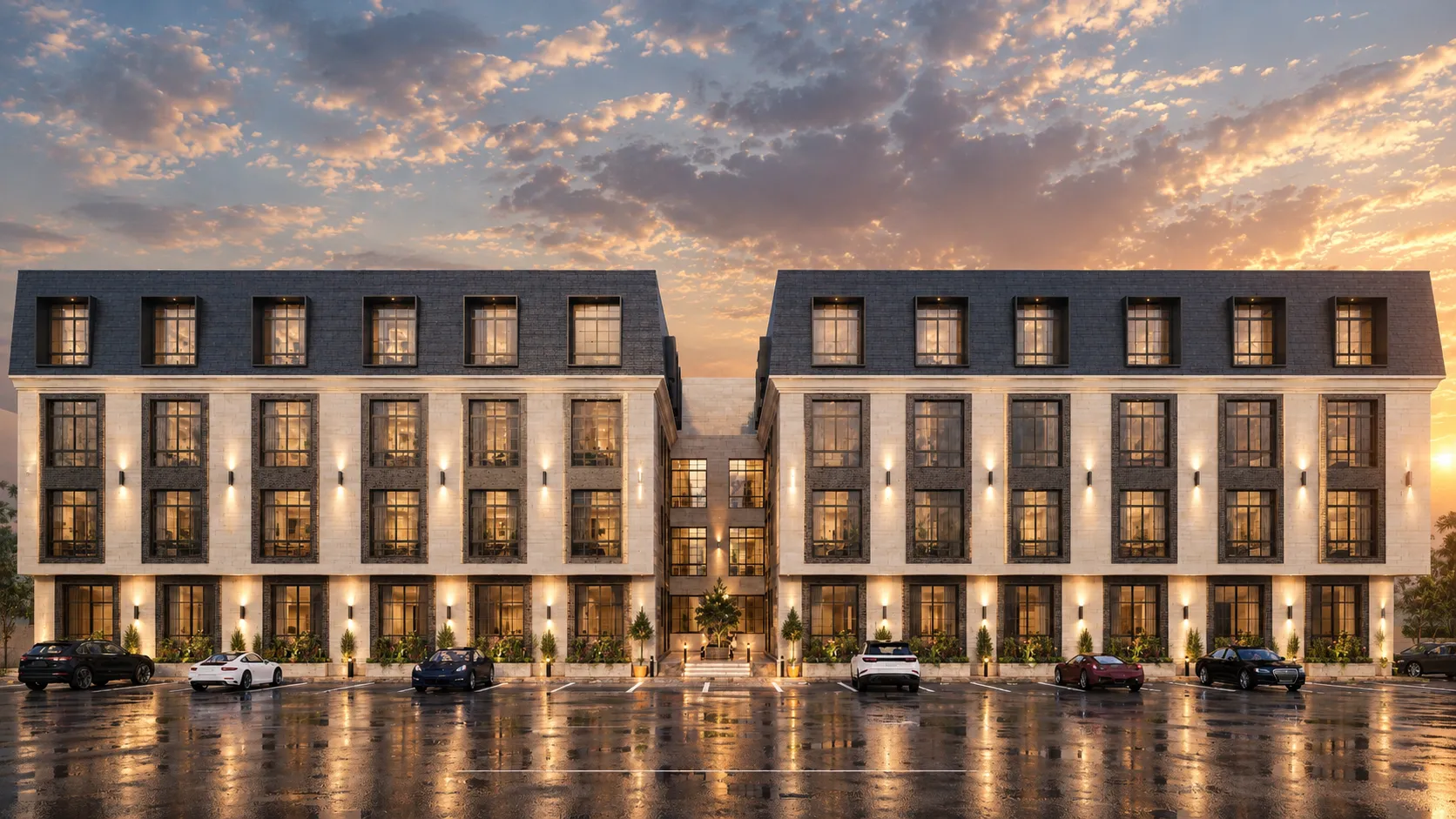 Symmetrical building complex at sunset