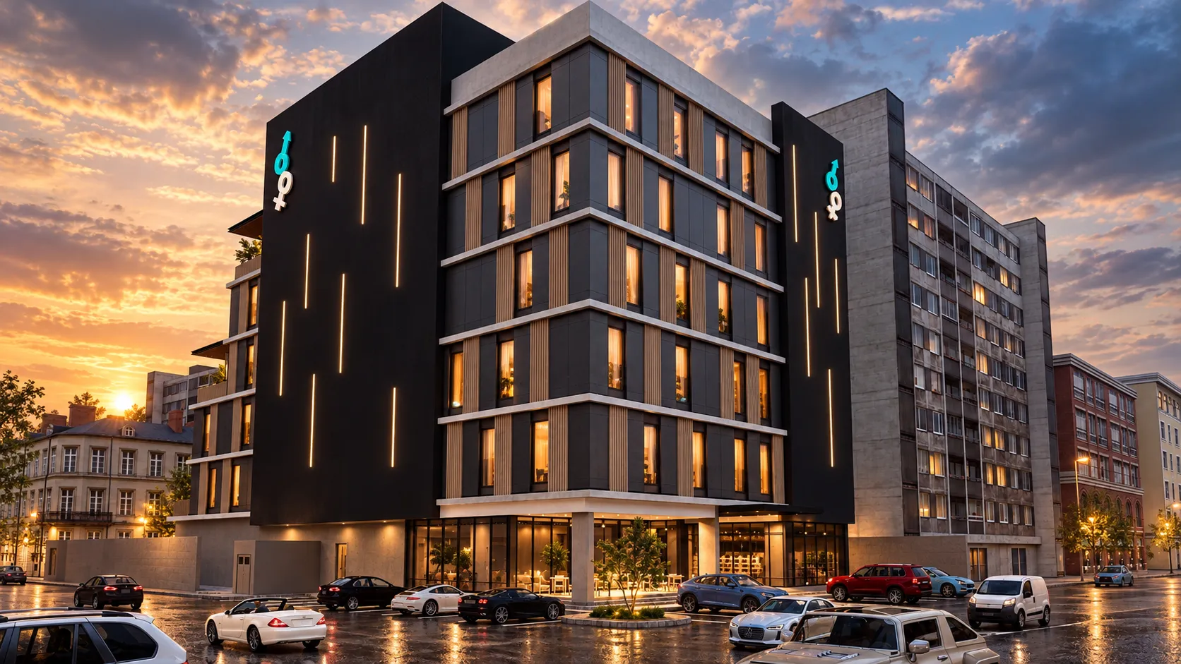 Modern exterior at golden hour