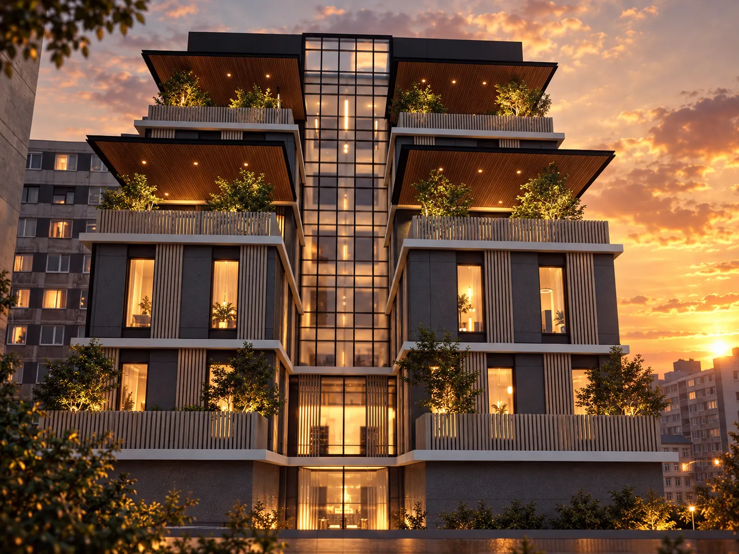 Terraced facade at sunset