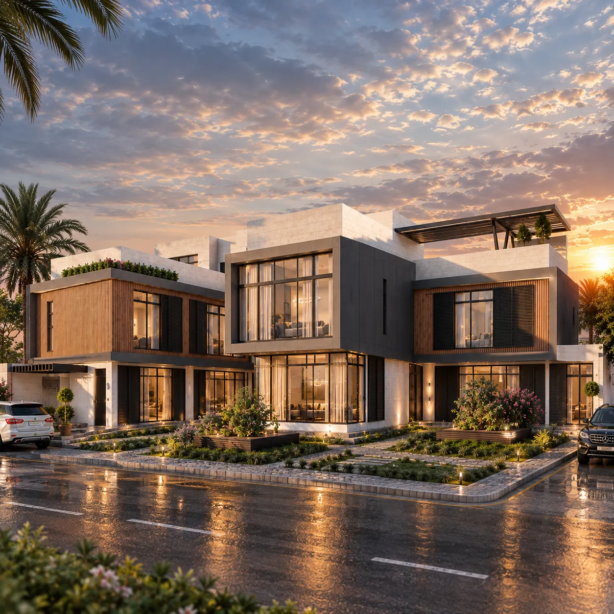 Cinematic sunset view of the modern villa