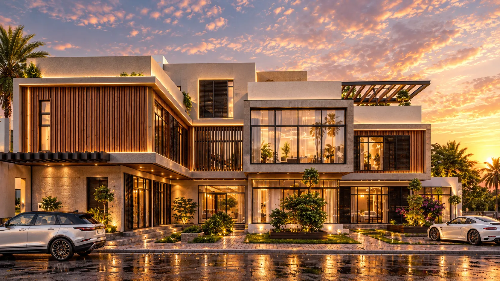 Villa reflections at golden hour