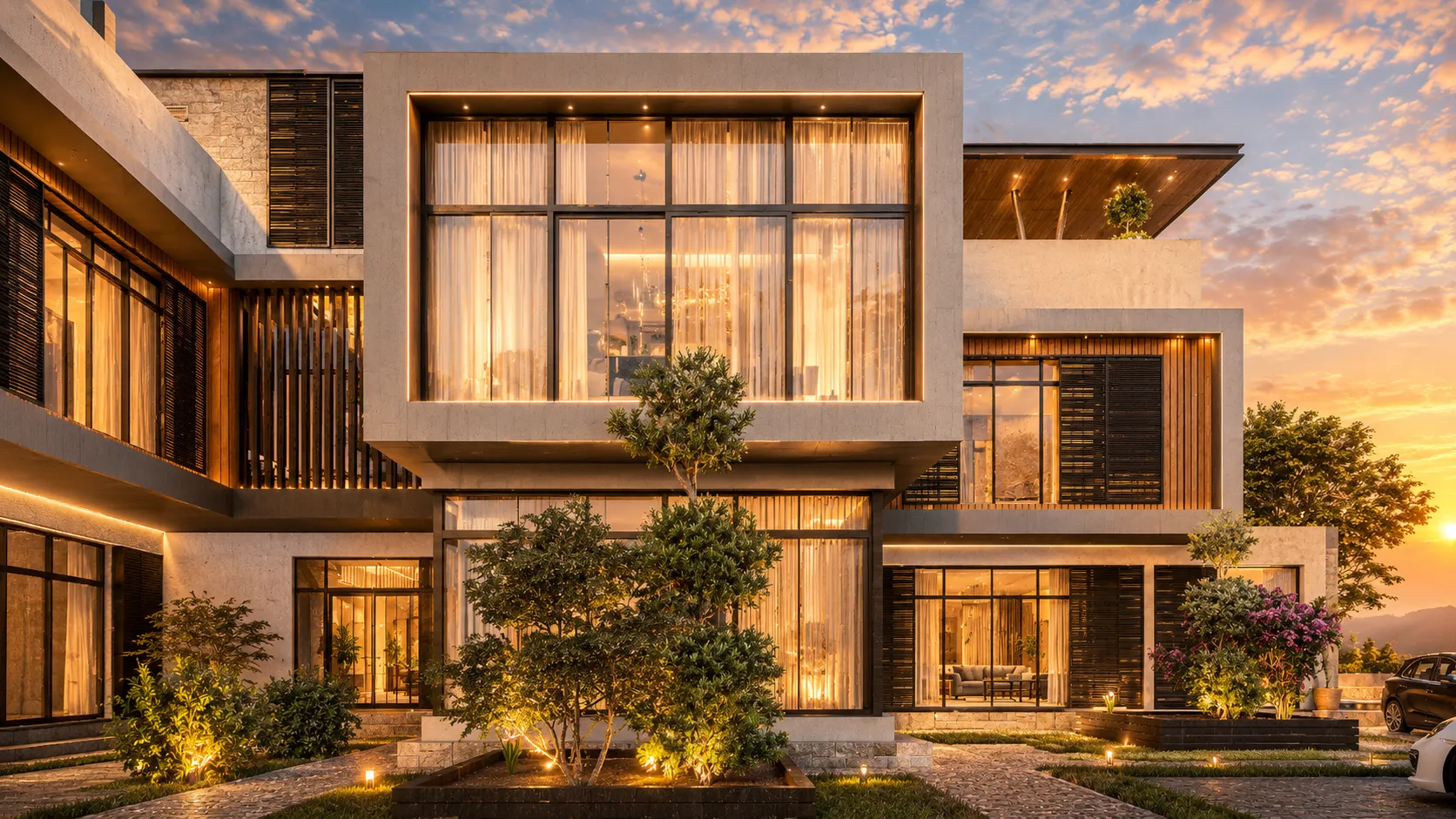 Modern villa at golden hour