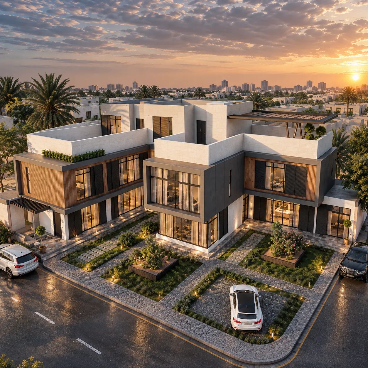 Villa complex at golden hour