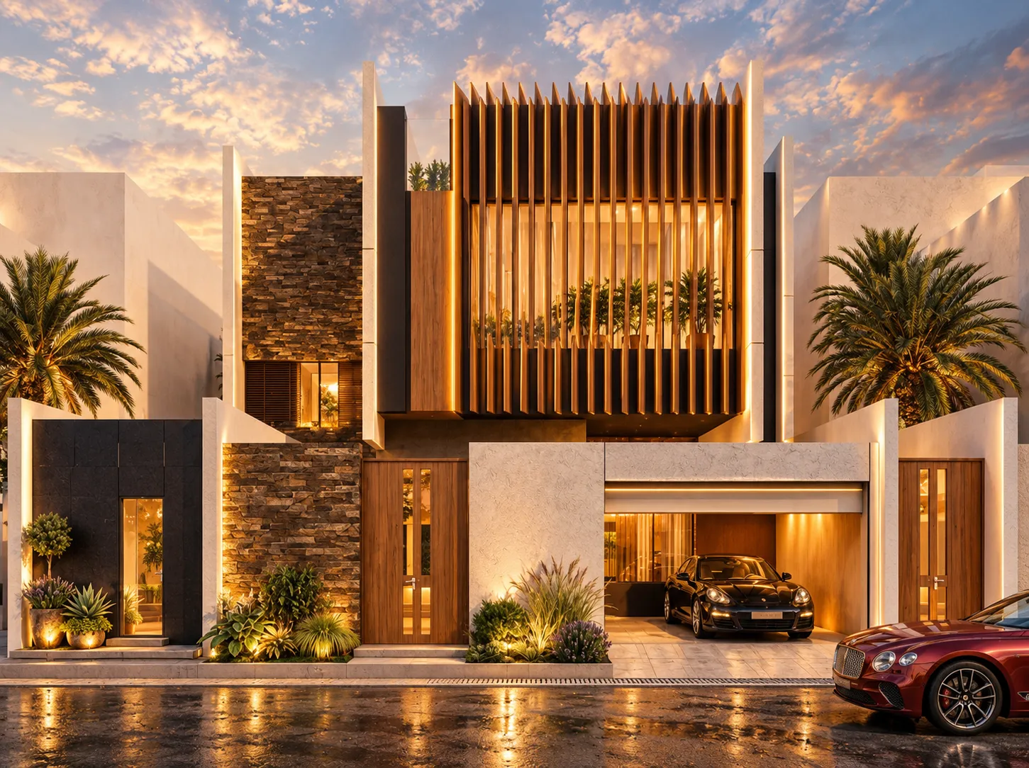 Modern luxury villa at golden hour