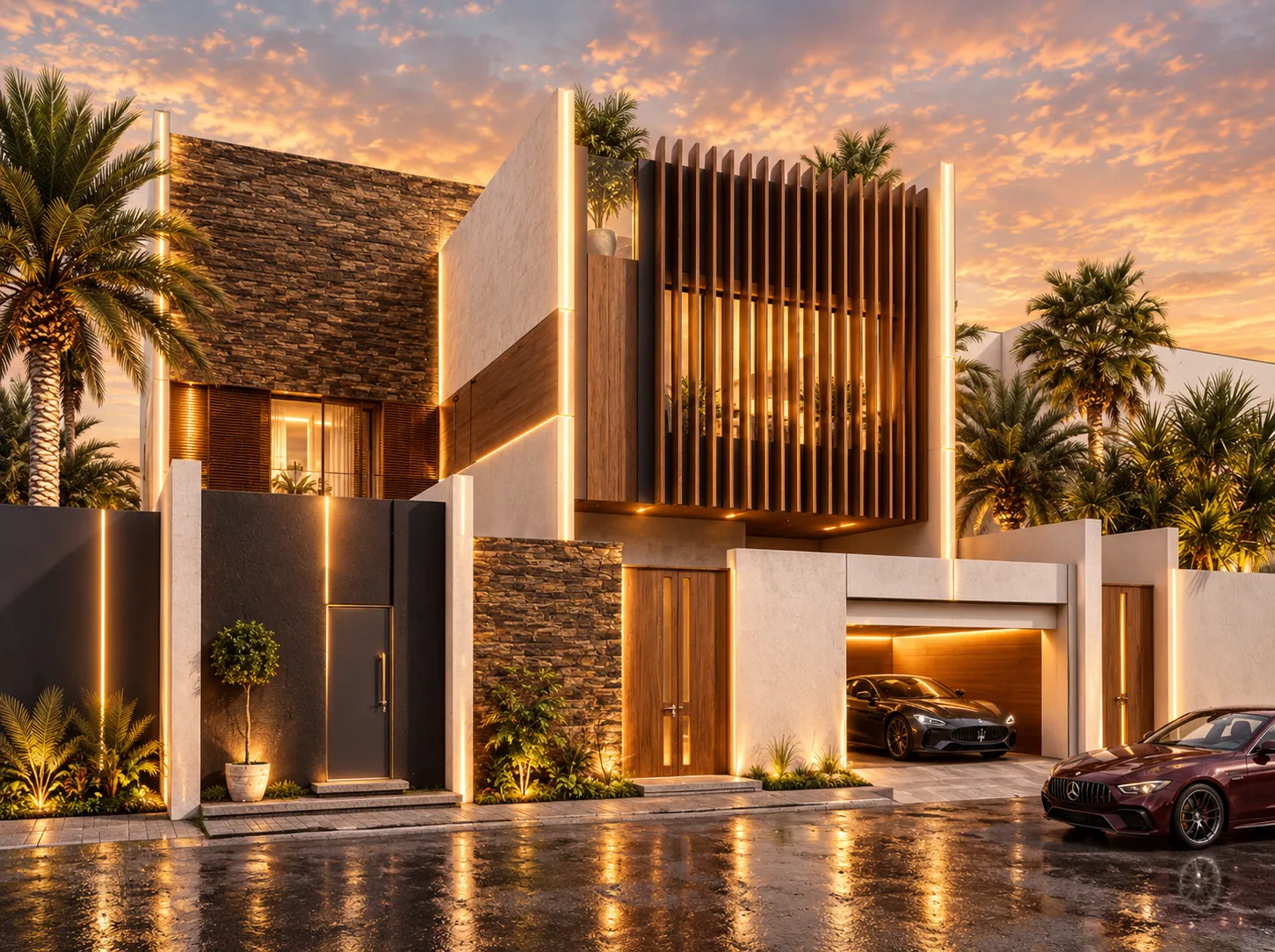 Modern tropical villa at sunset