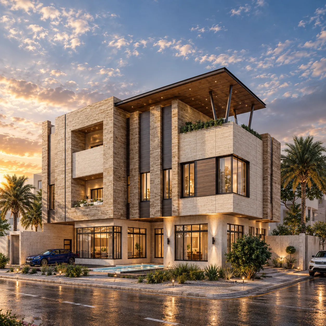 Modern villa at golden hour