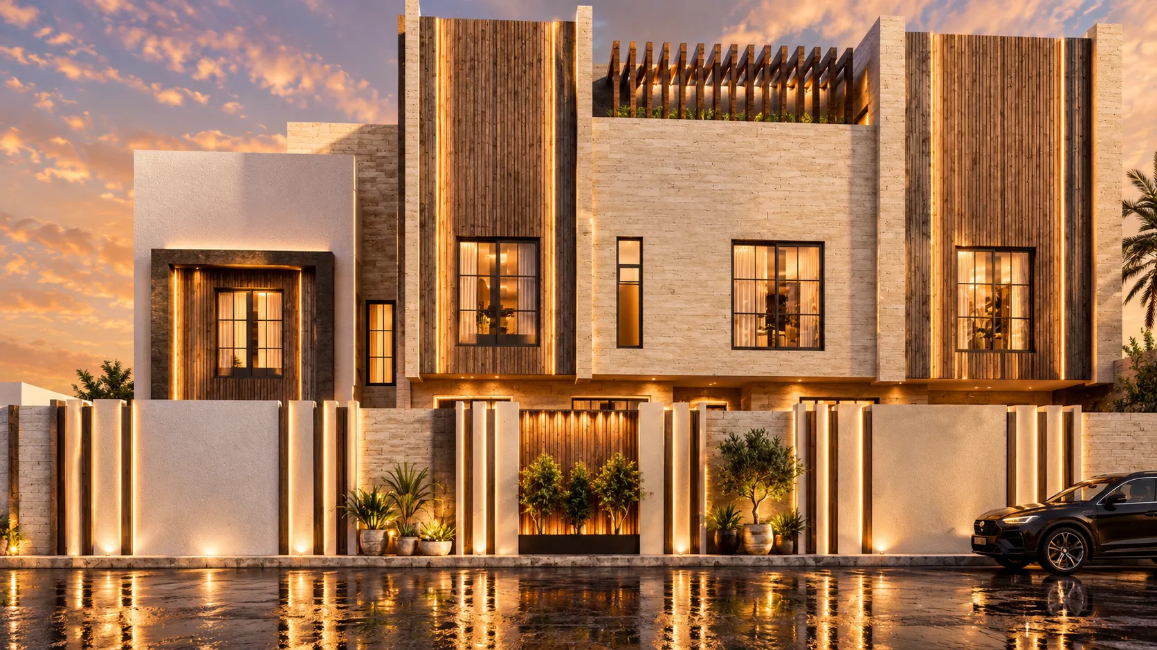 Villa at sunset with reflections