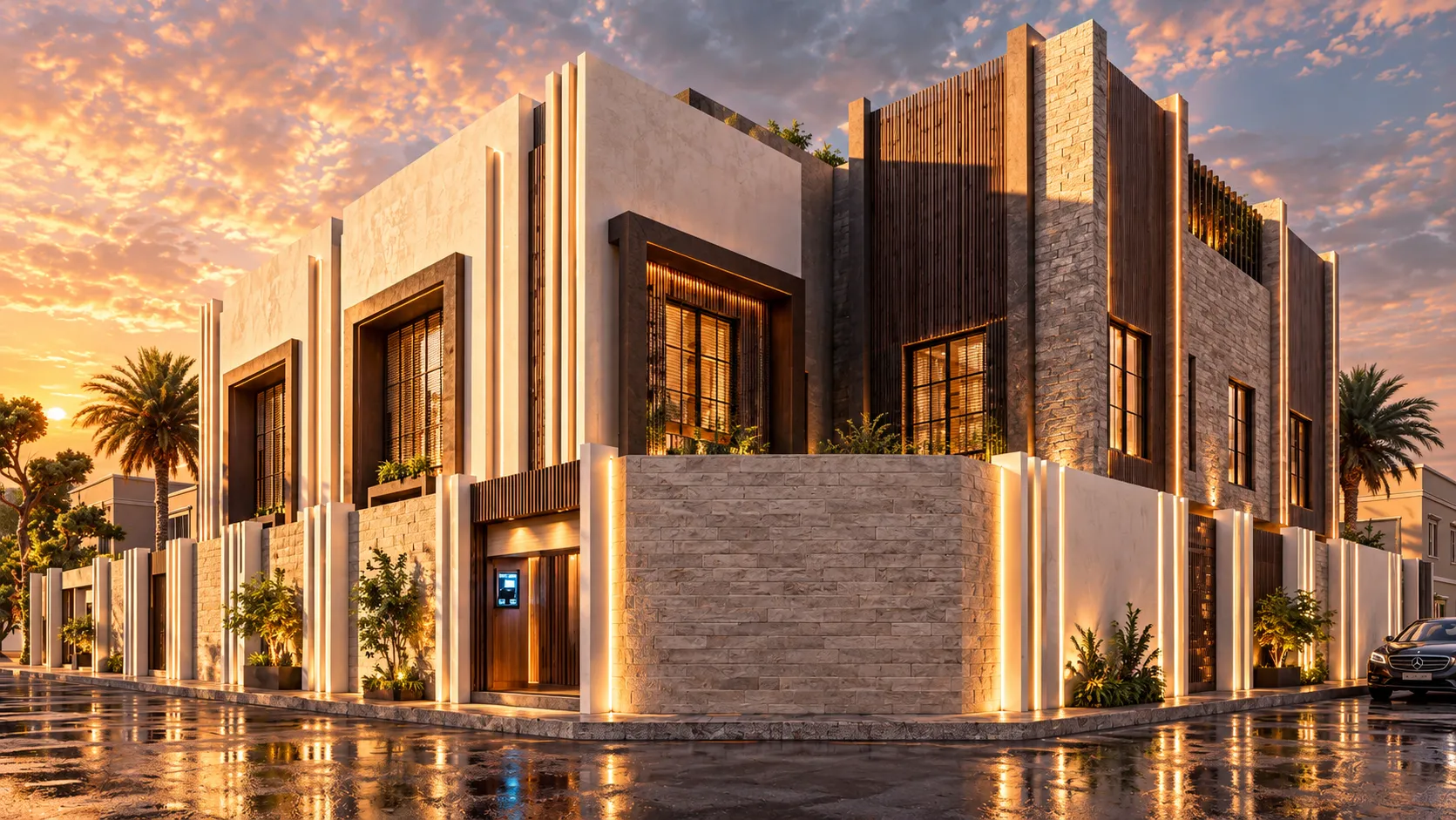 Modern villa at golden hour