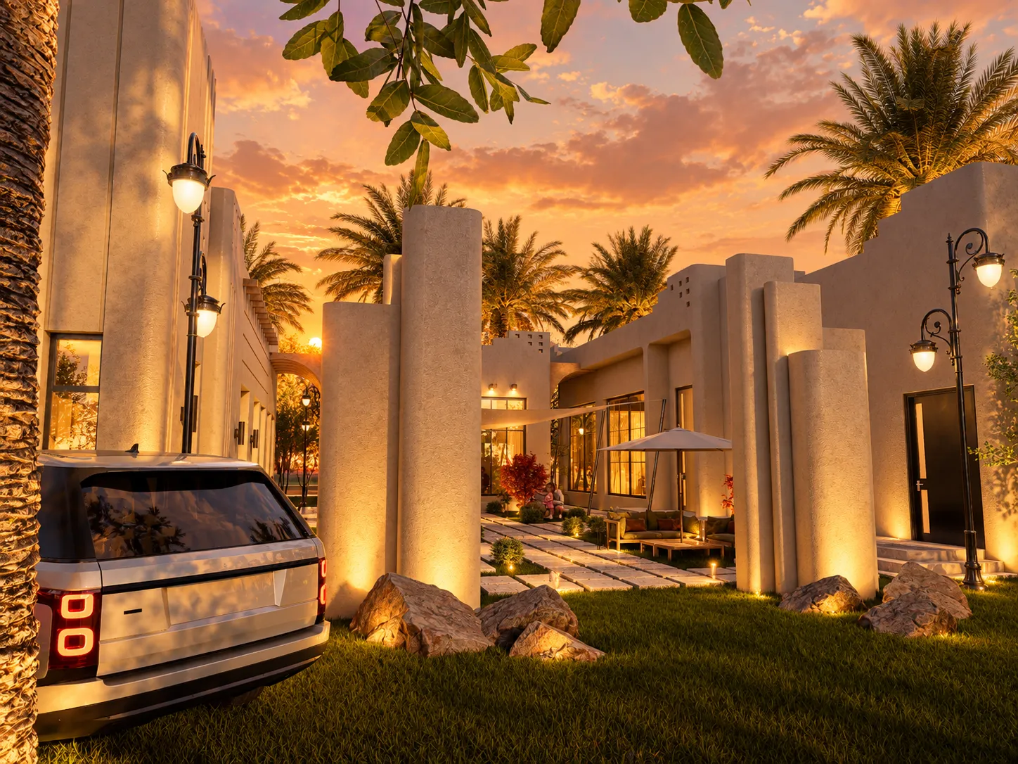 Luxury villa courtyard at golden hour