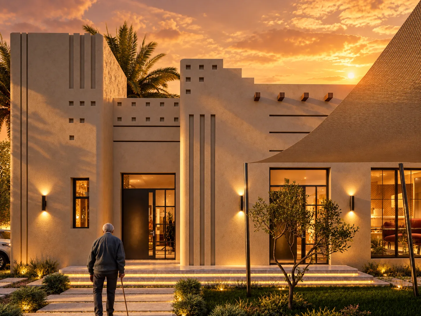Villa approach at sunset
