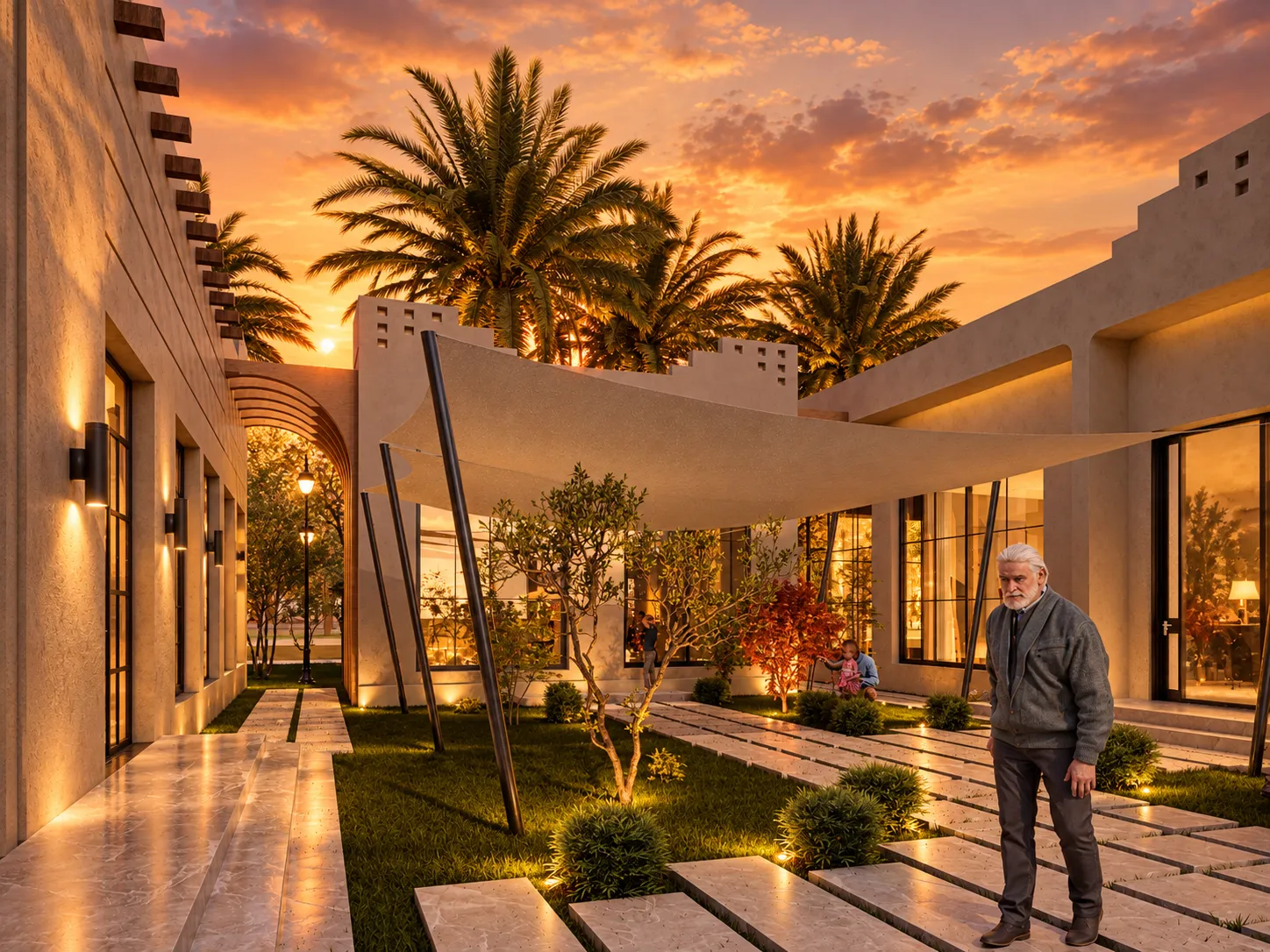 Villa courtyard at sunset