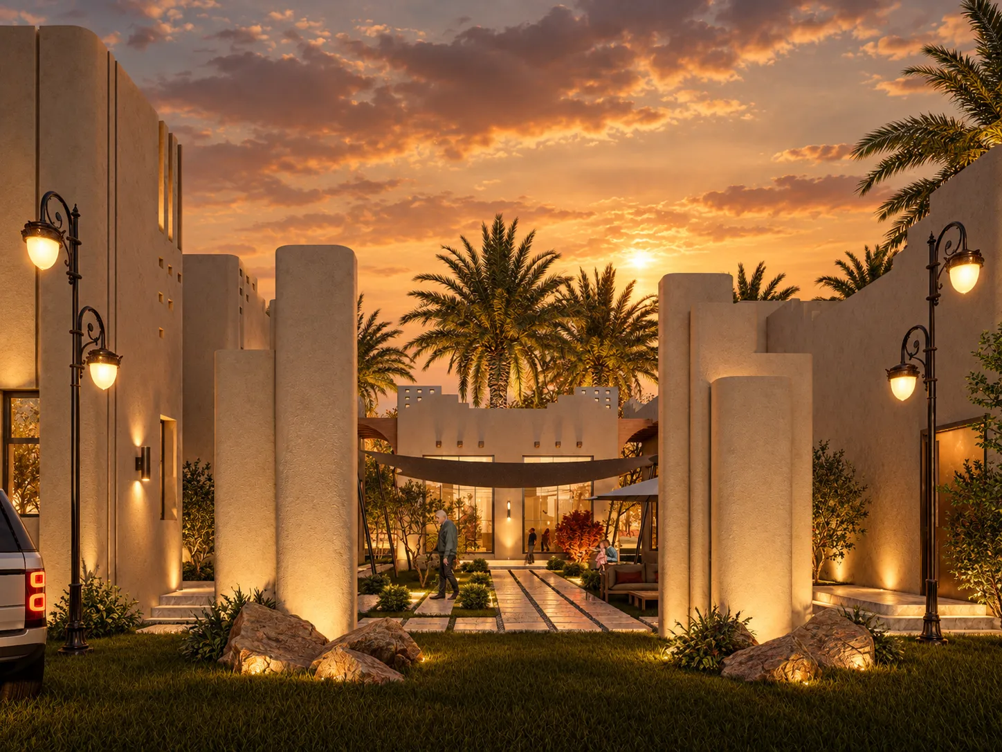 Golden-hour view of the villa courtyard