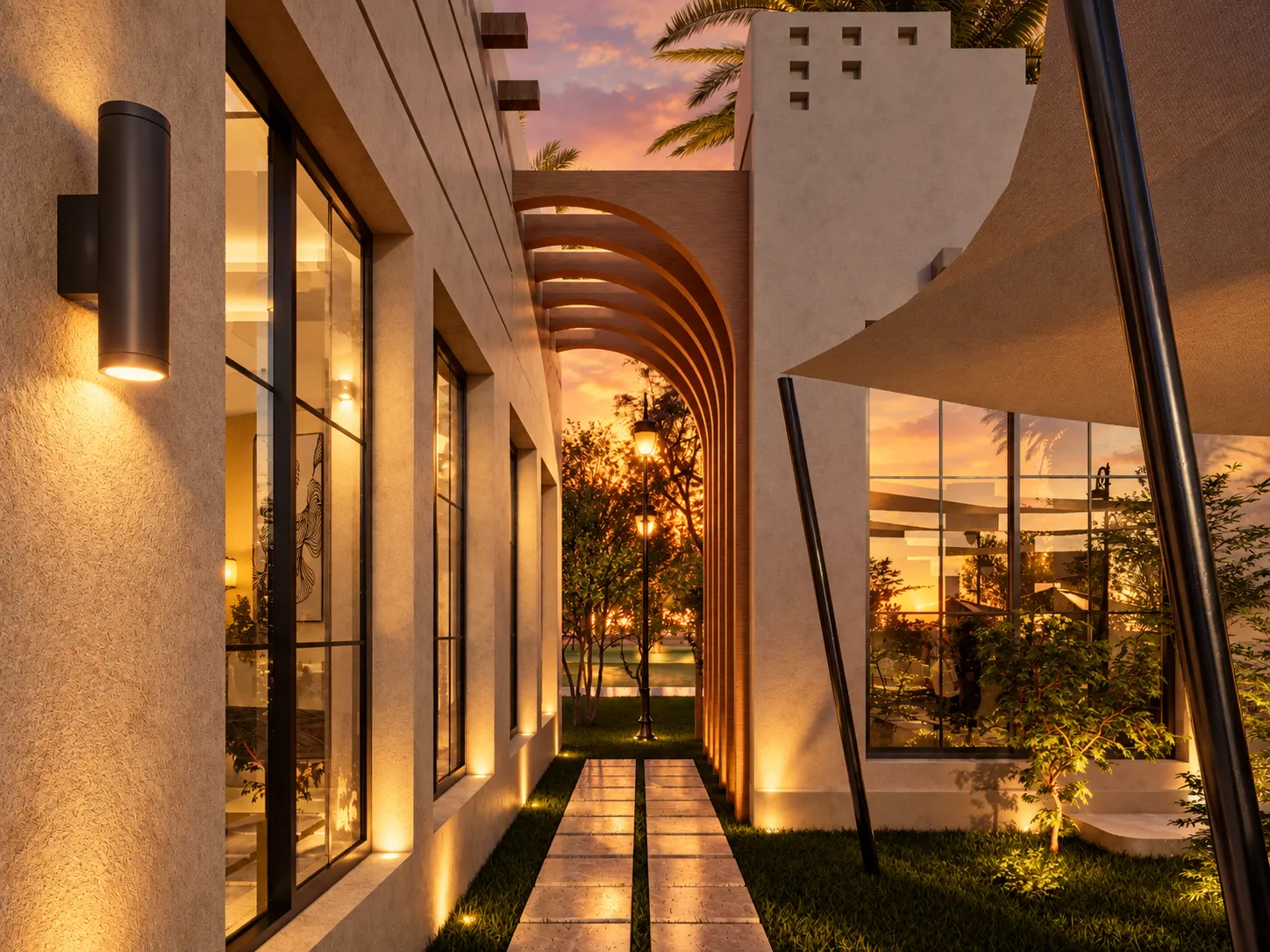 Courtyard arches and reflections at sunset