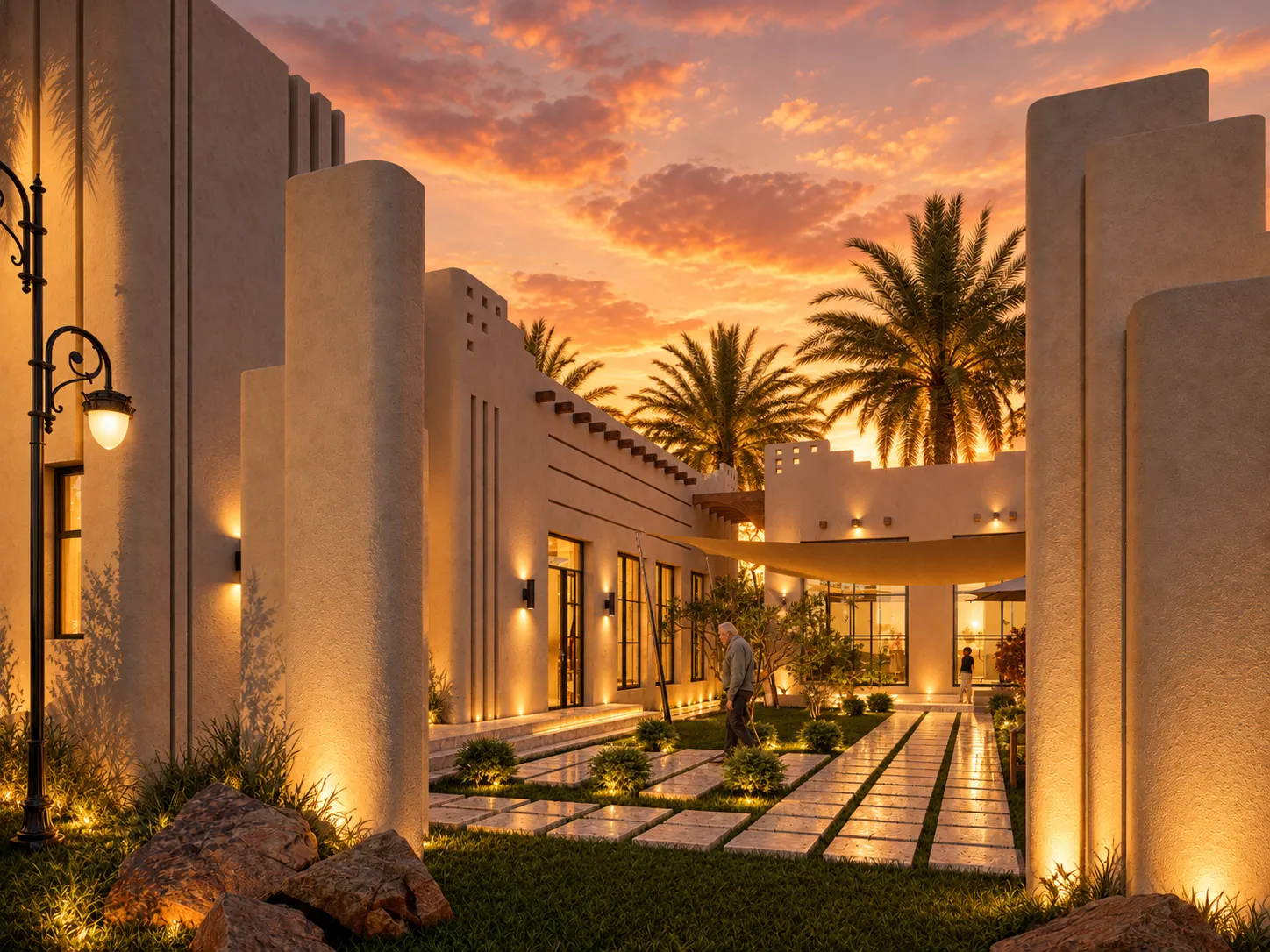 Courtyard villa retreat at sunset